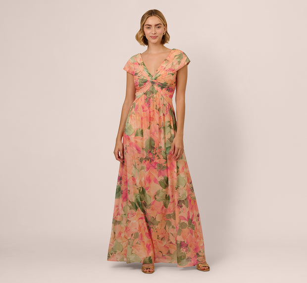 Aidan Mattox Printed Front Twist Gown In Blush Multi