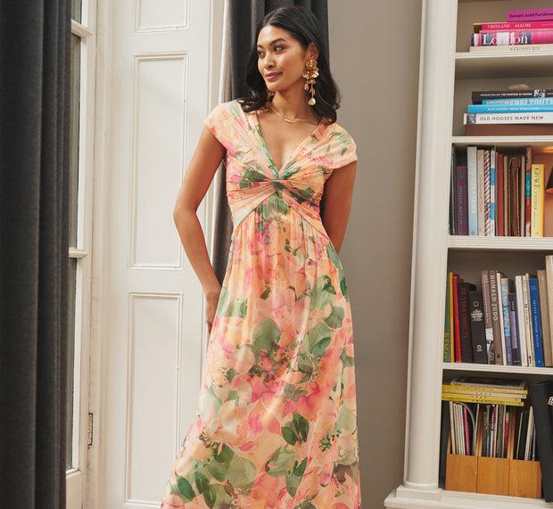 aidan mattox Printed Front Twist Gown In Blush Multi