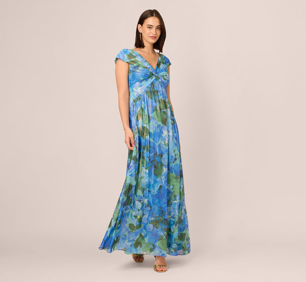 Aidan Mattox Printed Front Twist Gown In Green Blue Multi