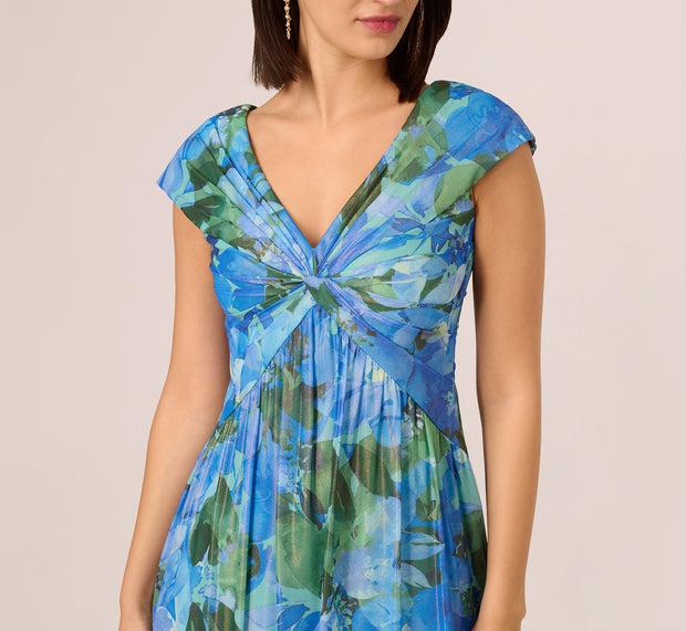 Aidan Mattox Printed Front Twist Gown In Green Blue Multi