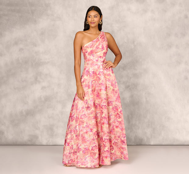 Aidan Mattox Printed Jacquard One Shoulder Ball Gown With Pleat Details In Red Mult