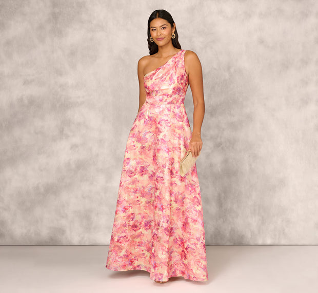 aidan mattox Printed Jacquard One Shoulder Ball Gown With Pleat Details In Red Mult