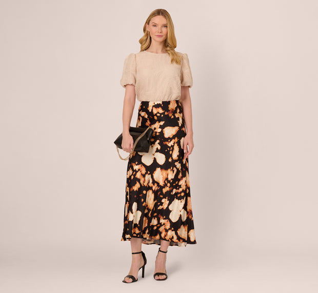 Aidan Mattox Printed Satin A Line Maxi Skirt In Black Eclipse