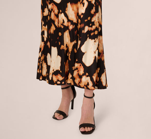 Aidan Mattox Printed Satin A Line Maxi Skirt In Black Eclipse