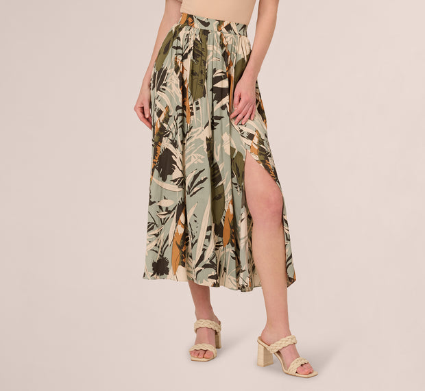 Aidan Mattox Printed Side Slit A Line Midi Skirt In Dusty Seamist Abstract Palm