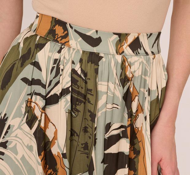 Aidan Mattox Printed Side Slit A Line Midi Skirt In Dusty Seamist Abstract Palm