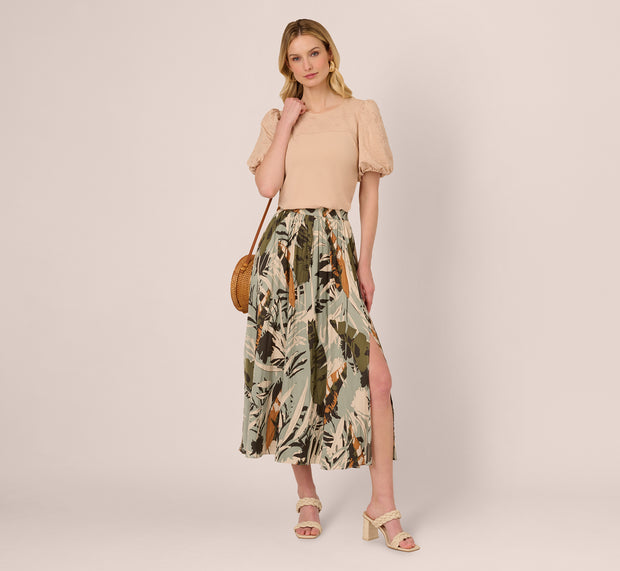 aidan mattox Printed Side Slit A Line Midi Skirt In Dusty Seamist Abstract Palm