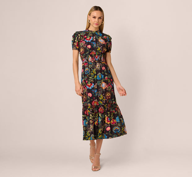 Aidan Mattox Puff Sleeve Floral Midi Flounce Dress In Black Multi