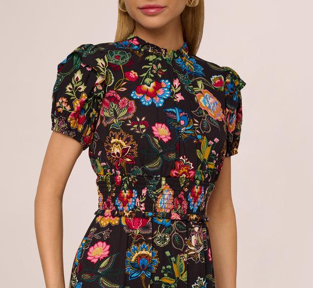 Aidan Mattox Puff Sleeve Floral Midi Flounce Dress In Black Multi