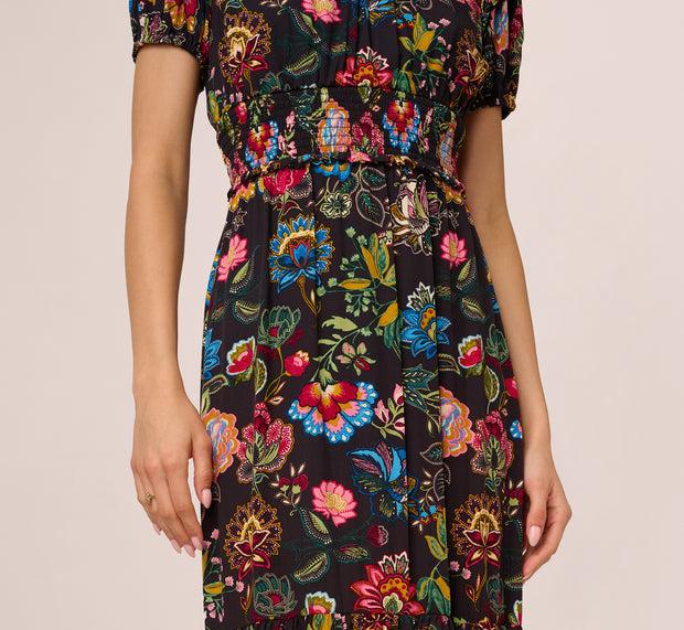 Aidan Mattox Puff Sleeve Floral Midi Flounce Dress In Black Multi