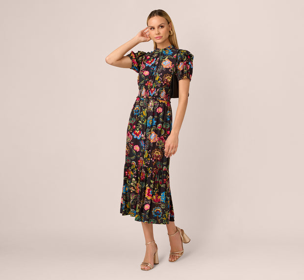 aidan mattox Puff Sleeve Floral Midi Flounce Dress In Black Multi