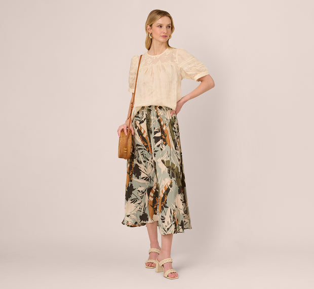 Aidan Mattox Puff Sleeve Lace Yoke Top In Barely Beige