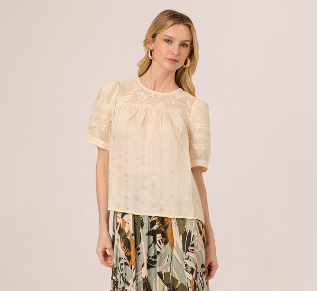 Aidan Mattox Puff Sleeve Lace Yoke Top In Barely Beige