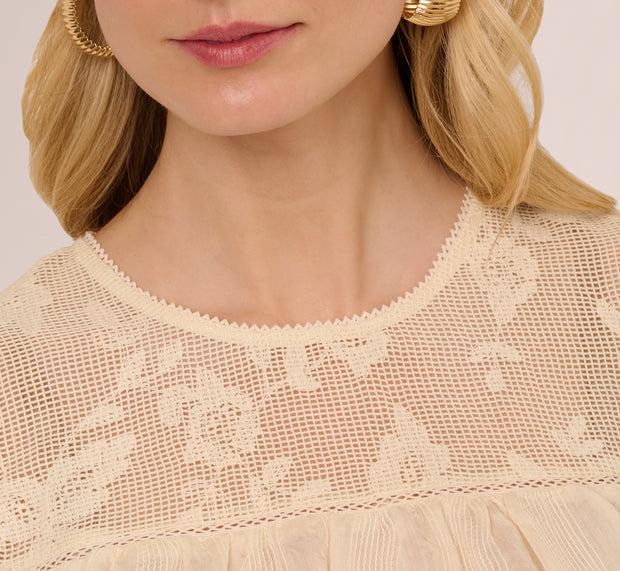 Aidan Mattox Puff Sleeve Lace Yoke Top In Barely Beige