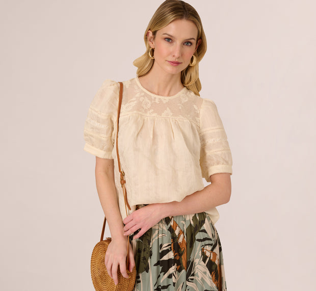 aidan mattox Puff Sleeve Lace Yoke Top In Barely Beige