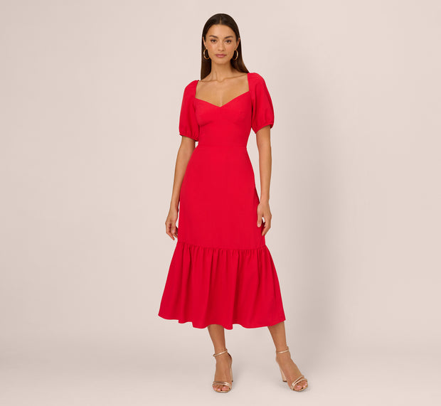 Aidan Mattox Puff Sleeve Midi Dress With Flounce Hem In Scarlet