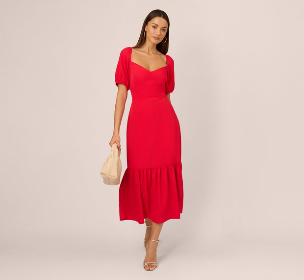 aidan mattox Puff Sleeve Midi Dress With Flounce Hem In Scarlet