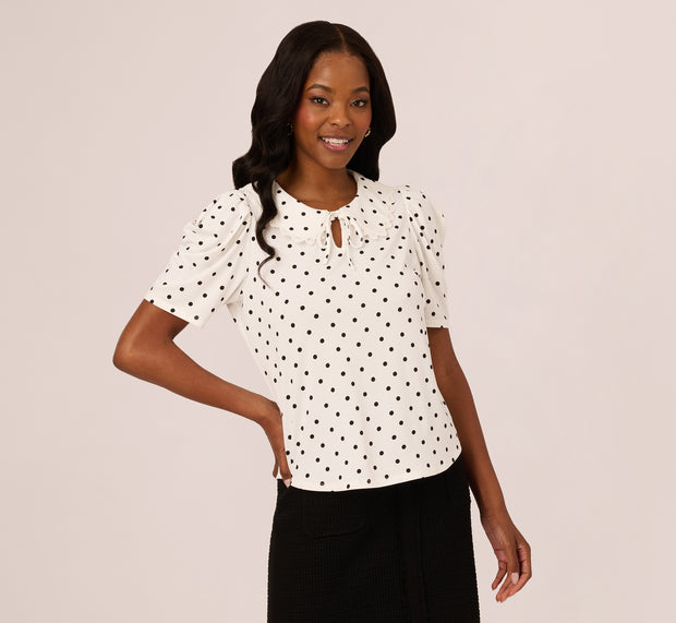 Aidan Mattox Puff Sleeve Peter Pan Collar Top In Ivory Black Timeless Dot