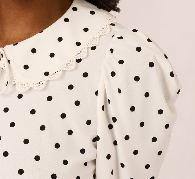 Aidan Mattox Puff Sleeve Peter Pan Collar Top In Ivory Black Timeless Dot