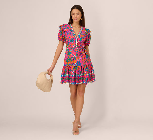 Aidan Mattox Puff Sleeve Retro Printed Short Dress In Hot Pink Multi