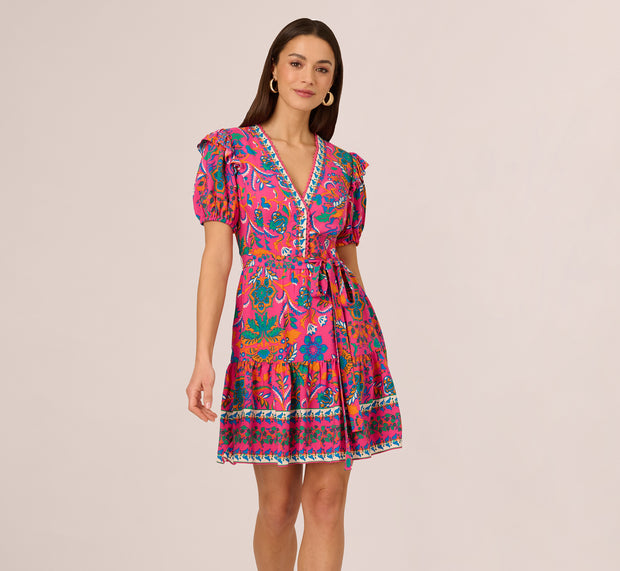 Aidan Mattox Puff Sleeve Retro Printed Short Dress In Hot Pink Multi