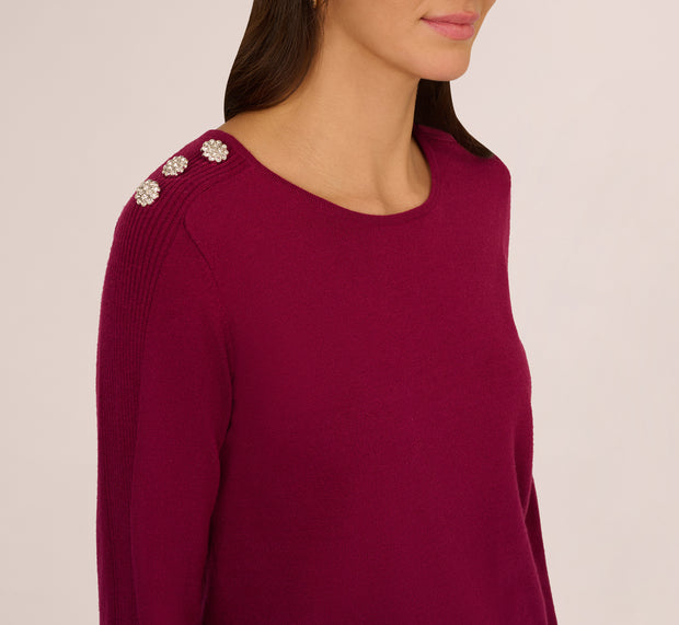 Aidan Mattox Ribbed Detail Embellished Pullover Sweater In Wine Berry