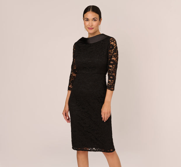 Aidan Mattox Roll Neck Lace Dress With Sheer Elbow Sleeves In Black