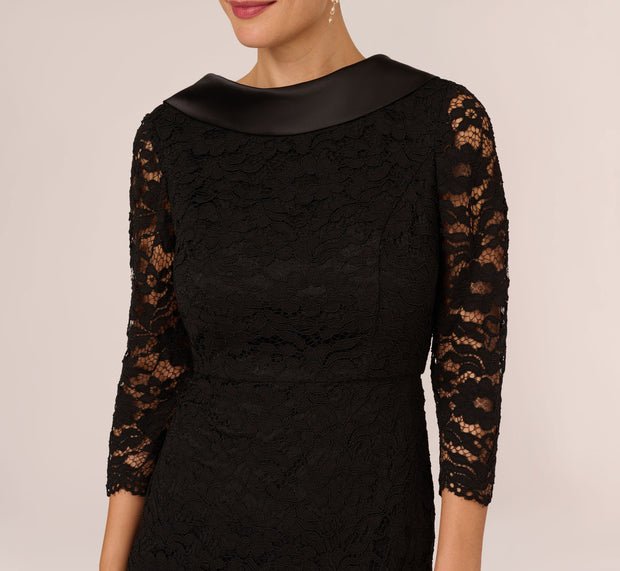 Aidan Mattox Roll Neck Lace Dress With Sheer Elbow Sleeves In Black