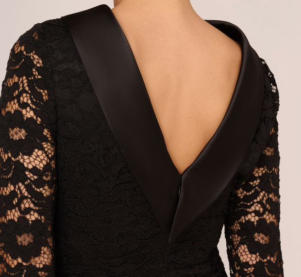 Aidan Mattox Roll Neck Lace Dress With Sheer Elbow Sleeves In Black