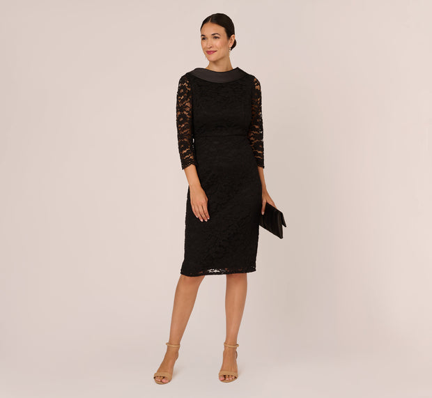 aidan mattox Roll Neck Lace Dress With Sheer Elbow Sleeves In Black