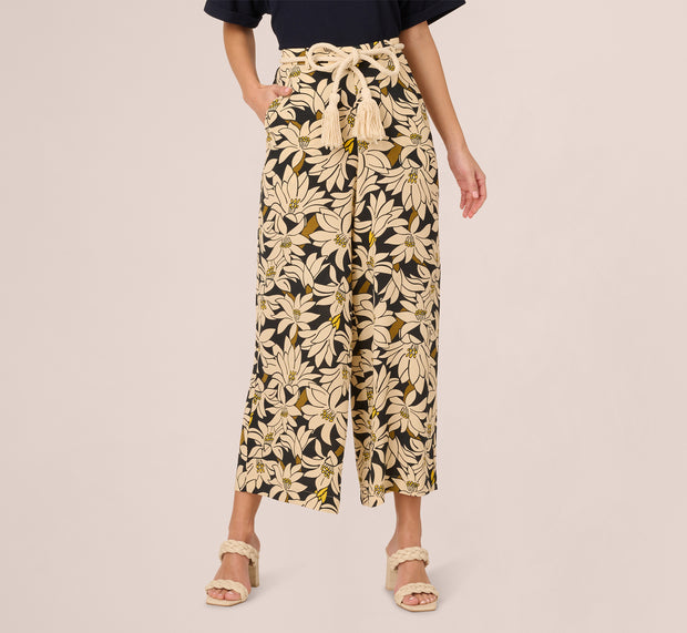 Aidan Mattox Rope Belt Floral Printed Wide Leg Pant In Black Olive Lily