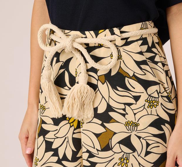 Aidan Mattox Rope Belt Floral Printed Wide Leg Pant In Black Olive Lily