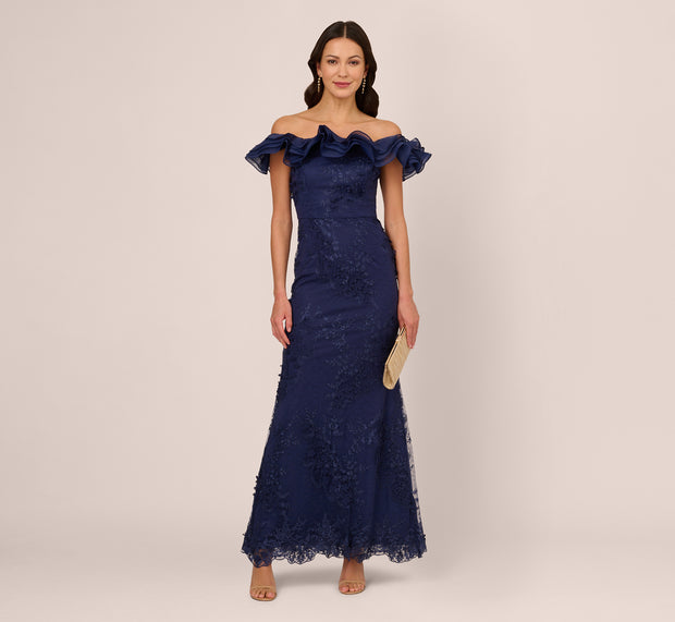aidan mattox Ruffle Off The Shoulder Floral Lace Gown In Light Navy
