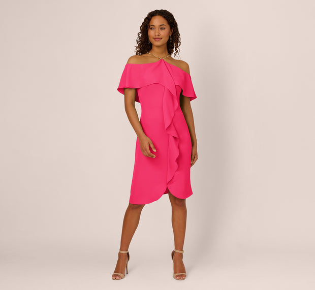 Aidan Mattox Ruffle Popover Midi Dress With Chain Halter Neckline In Electric Pink