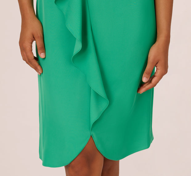 Aidan Mattox Ruffle Popover Midi Dress With Chain Halter Neckline In Flora Green