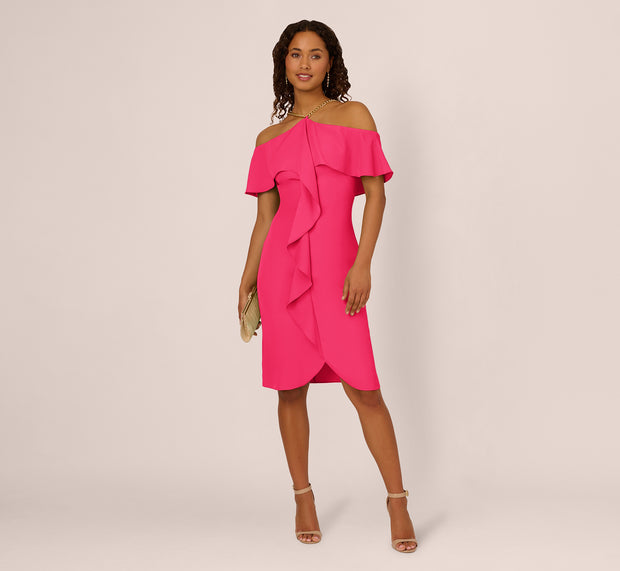aidan mattox Ruffle Popover Midi Dress With Chain Halter Neckline In Electric Pink