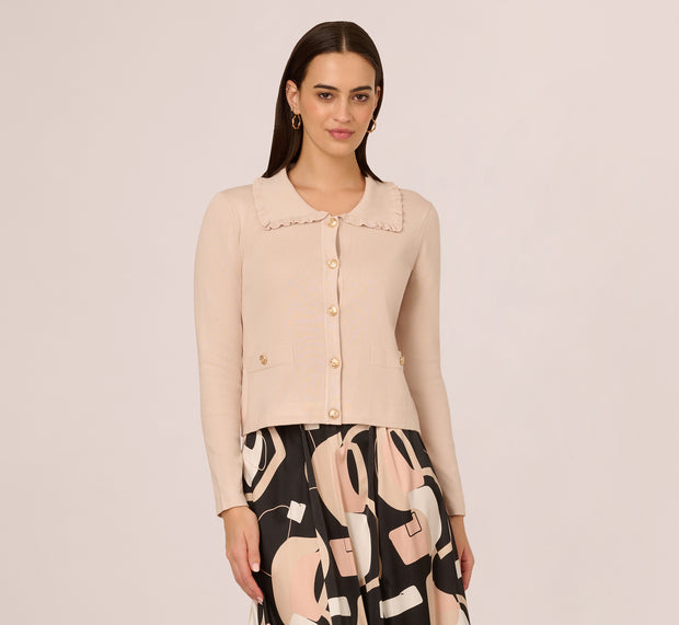 Aidan Mattox Ruffle Sailor Collar Cardigan In Oat Milk