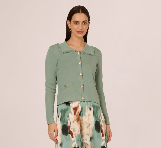 Aidan Mattox Ruffle Sailor Collar Cardigan In Sage Milieu