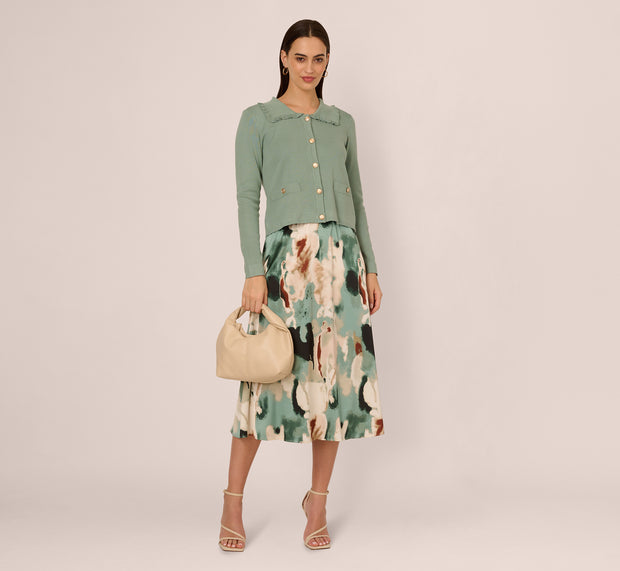 aidan mattox Ruffle Sailor Collar Cardigan In Sage Milieu