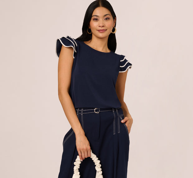 Aidan Mattox Ruffle Sleeve Contrast Trim Top In Blue Moon Ivory