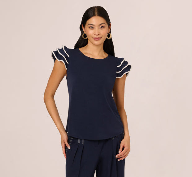 Aidan Mattox Ruffle Sleeve Contrast Trim Top In Blue Moon Ivory