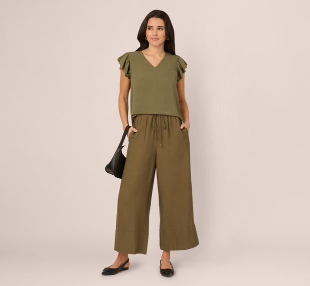 Aidan Mattox Ruffle Sleeve V Neck Satin Top In Olivine