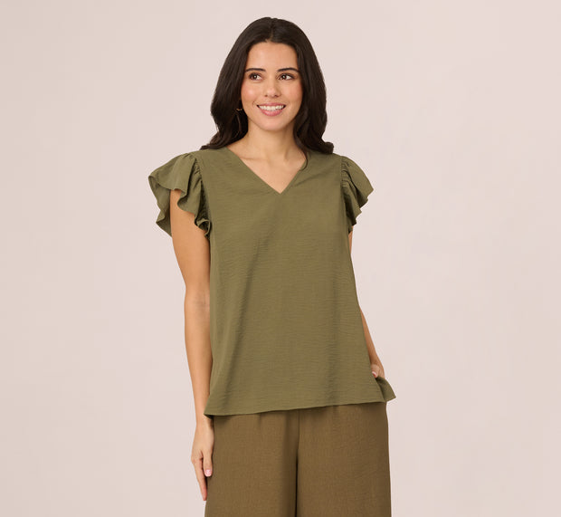 Aidan Mattox Ruffle Sleeve V Neck Satin Top In Olivine