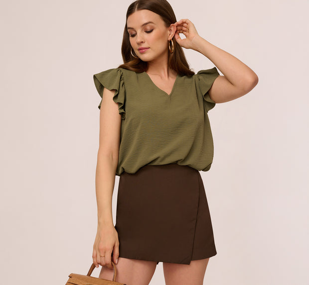 aidan mattox Ruffle Sleeve V Neck Satin Top In Olivine