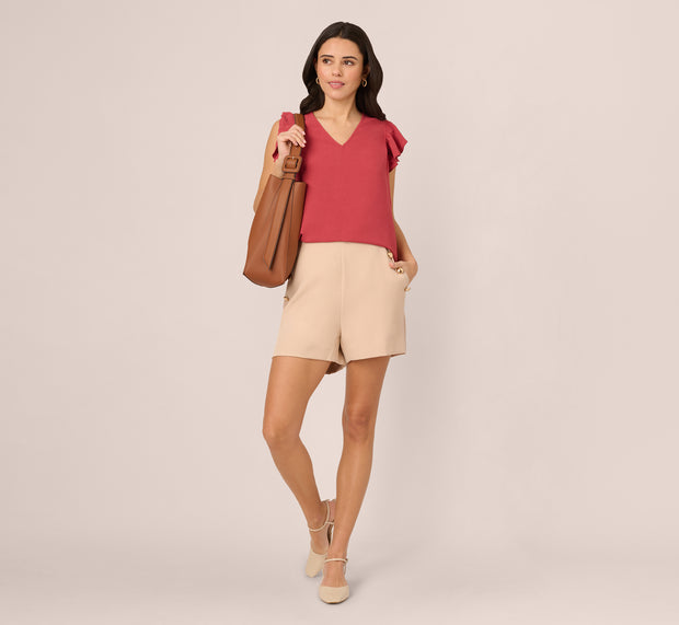 Aidan Mattox Ruffle Sleeve V Neck Satin Top In Rose