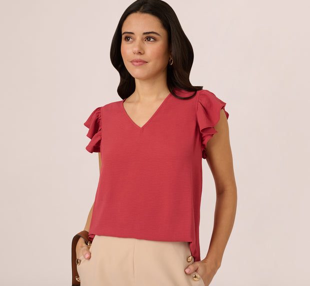 aidan mattox Ruffle Sleeve V Neck Satin Top In Rose