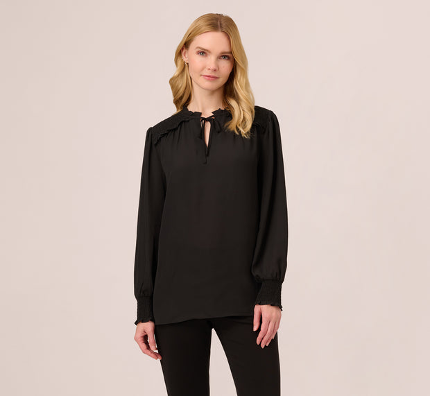 Aidan Mattox Ruffle Tie Neck Top With Smocked Long Sleeves In Black