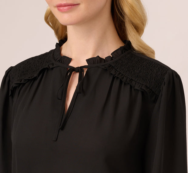 Aidan Mattox Ruffle Tie Neck Top With Smocked Long Sleeves In Black