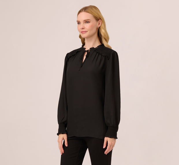 aidan mattox Ruffle Tie Neck Top With Smocked Long Sleeves In Black