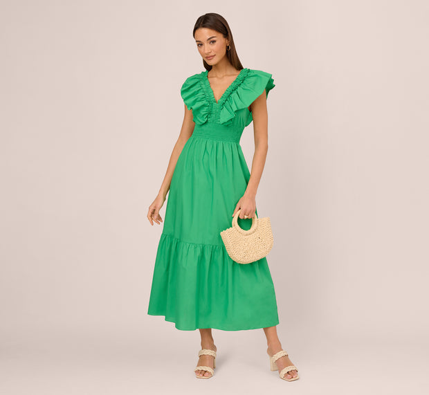 Aidan Mattox Ruffled Maxi Dress With Shirred Details In Green